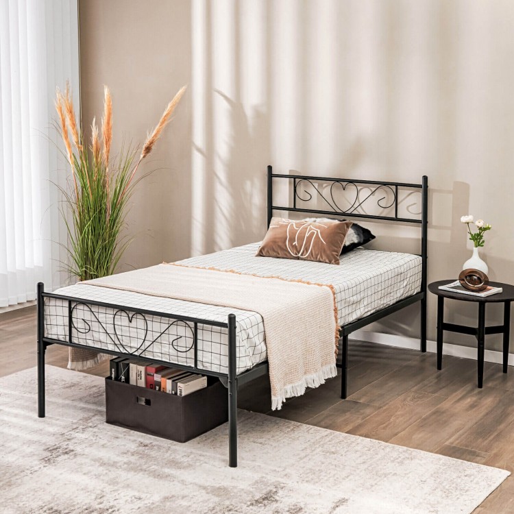 Twin XL metal bed frame with heart-shaped headboard in black, featuring under-bed clearance for storage and elegant.